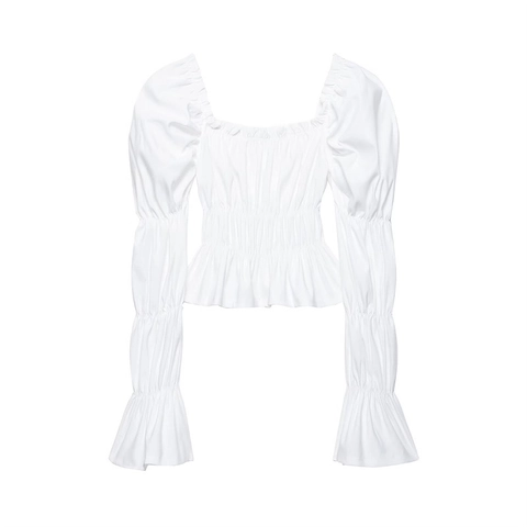 Dames Vierkante Hals Gesmokte Blouse Pofmouwen Lange Mouwen Wit Top Casual Slim Fit Polyester Elastaan Streetwear Mode Shirt