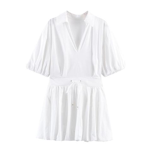 Damen Süßes V-Ausschnitt Puffärmel Popeline Minikleid Elegante Kordelzug Taille Einfarbig Weiß Lässig Sommer Kurzarmkleid