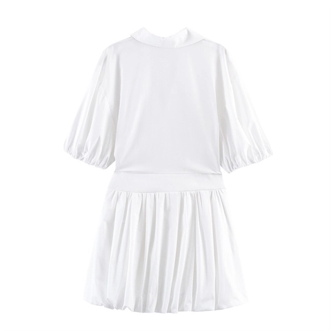 Damen Süßes V-Ausschnitt Puffärmel Popeline Minikleid Elegante Kordelzug Taille Einfarbig Weiß Lässig Sommer Kurzarmkleid