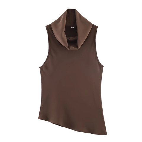 Women's Casual Sleeveless Cowl Neck Top Solid Color Asymmetrical Hem Fashion Polyester Loose Blouse For Spring Summer