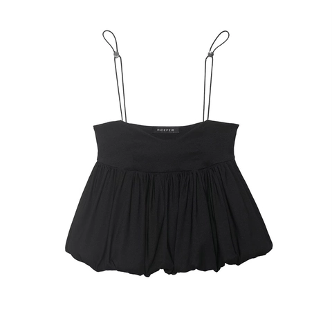 Women Sexy Black Adjustable Spaghetti Strap Bubble Hem Pleated Camisole Top Fashion Solid Color Streetwear Sleeveless Vest