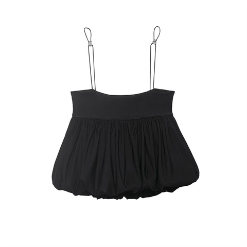 Women Sexy Black Adjustable Spaghetti Strap Bubble Hem Pleated Camisole Top Fashion Solid Color Streetwear Sleeveless Vest
