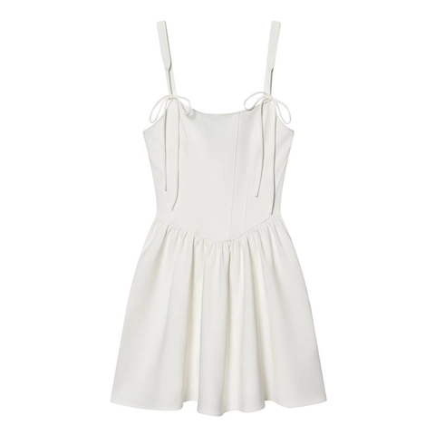 Women White Corset Style Camisole Dress Bowtie Straps Pleated Bustier Mini Dress For Party Summer Solid Color Woven Outfits