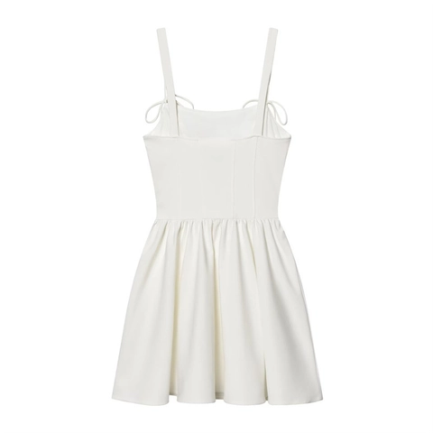 Women White Corset Style Camisole Dress Bowtie Straps Pleated Bustier Mini Dress For Party Summer Solid Color Woven Outfits