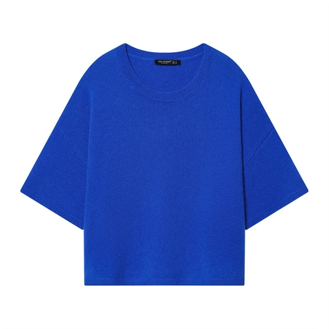 Women Casual Klein Blue Short Sleeve Knit Top Round Neck Drop Shoulder Loose Lightweight Summer Sweater Pullover Tops