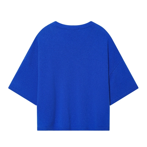 Women Casual Klein Blue Short Sleeve Knit Top Round Neck Drop Shoulder Loose Lightweight Summer Sweater Pullover Tops