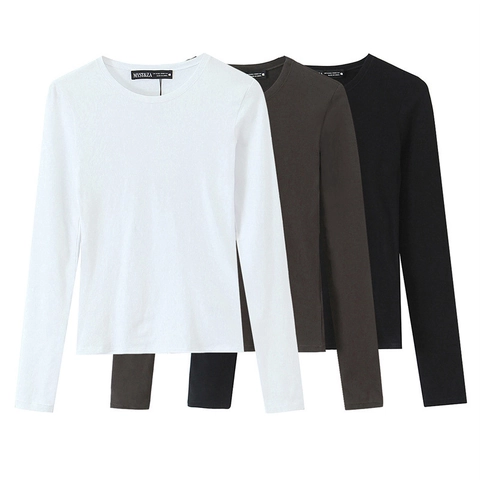 Camiseta de Manga Larga Ajustada para Mujer Cuello Redondo Color Sólido Top de Punto Acanalado Básico Casual