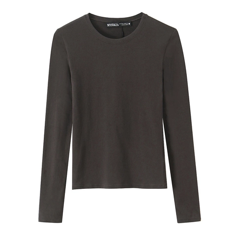 Camiseta de Manga Larga Ajustada para Mujer Cuello Redondo Color Sólido Top de Punto Acanalado Básico Casual