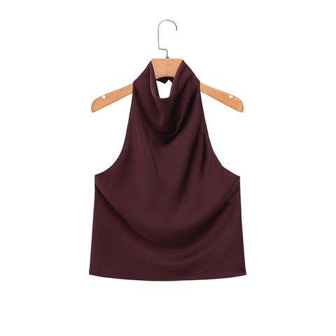Women's Elegant Halter Neck Satin Top Cowl Neck Sleeveless Backless Solid Color Burgundy Casual Party Blouse For Lady
