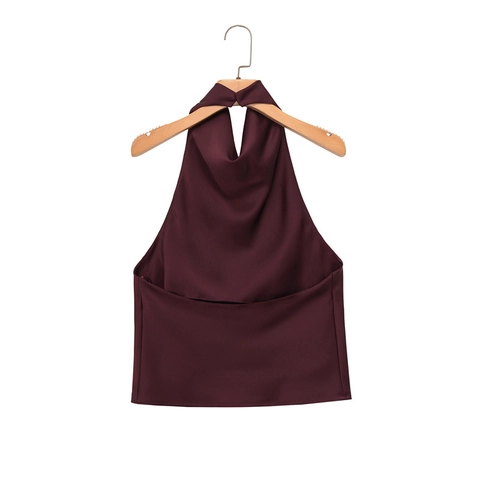 Women's Elegant Halter Neck Satin Top Cowl Neck Sleeveless Backless Solid Color Burgundy Casual Party Blouse For Lady