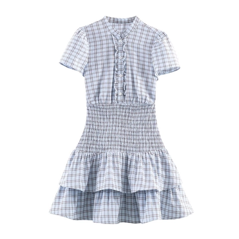 Dames Plaid Smocked Taille Mini Jurk Lichtblauw Staande Kraag Roffel Gelaagde A-Lijn Cake Jurk Korte Mouw Zomer Casual Jurk