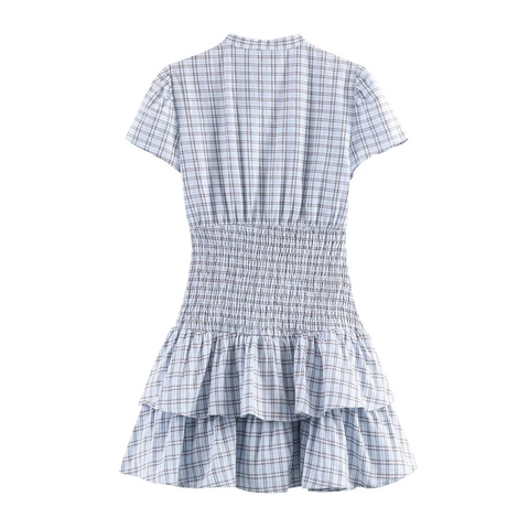 Dames Plaid Smocked Taille Mini Jurk Lichtblauw Staande Kraag Roffel Gelaagde A-Lijn Cake Jurk Korte Mouw Zomer Casual Jurk