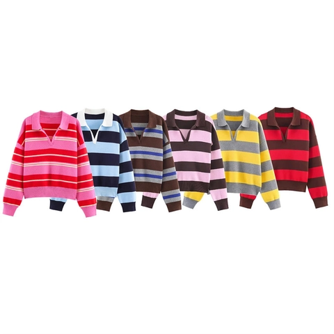 Women Casual Striped Polo Collar Knit Sweater Loose V Neck Long Sleeve Pullover Soft Polyester Blend Knitwear Top