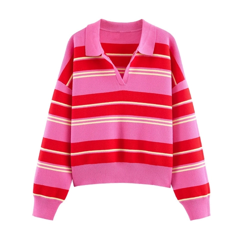 Women Casual Striped Polo Collar Knit Sweater Loose V Neck Long Sleeve Pullover Soft Polyester Blend Knitwear Top