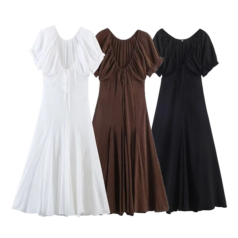 Women Pleated Midi Dress Short Puff Sleeve Drawstring U Neck A Line Solid Color Casual Summer Vacation