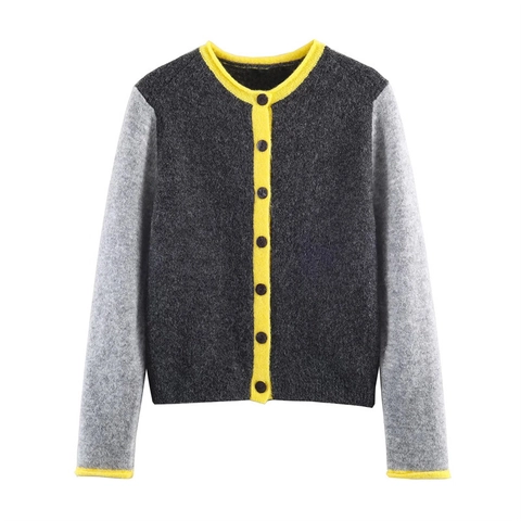 Cardigan en Tricot Vintage pour Femmes Bloc de Couleur Col Rond Manches Longues Chandail en Tricot Contrasté Haut Manteau