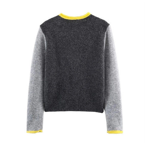 Cardigan en Tricot Vintage pour Femmes Bloc de Couleur Col Rond Manches Longues Chandail en Tricot Contrasté Haut Manteau