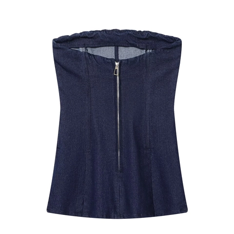 Women Sexy Denim Look Corset Tube Top Slim Fit Front Zipper Strapless Solid Color Streetwear Bodycon Summer Crop Top