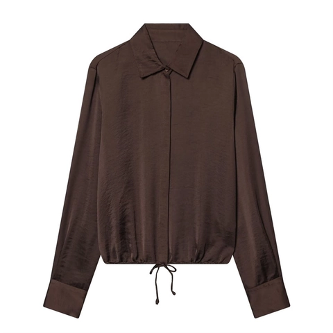 Camicetta da Donna Elegante in Satin a Maniche Lunghe con Coulisse Orlo Casual Camicia Larga Top Moda per Ufficio Quotidiano