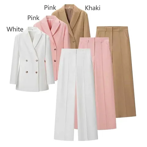 Elegante Dames Slim Fit Double Breasted Blazer en Hoge Taille Wijde Broek Collectie Effen Kleur Kantoor Outfit