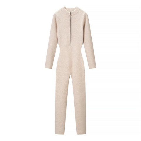 Women's Sexy Ribbed Knit Long Sleeve Jumpsuit Front Zipper Round Neck Slim Fit Solid Color Winter Autumn Bodysuit Clothing