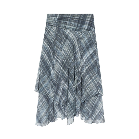 Women Summer Plaid Asymmetric Layered Midi Skirt Blue Grey Gingham Chiffon Pleated Elegant Casual A-Line Skirt For Women