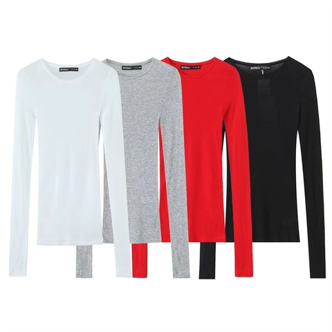 Women Slim Fit Long Sleeve T-Shirt Round Neck Basic Casual Ribbed Knit Cotton Spandex Solid Color Base Layer Top