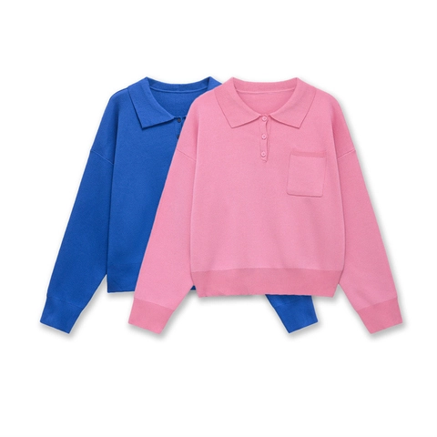 Suéter de Punto Holgado para Mujer Cuello Polo Manga Larga con Botones y Bolsillo Jersey Casual Color Sólido Suave
