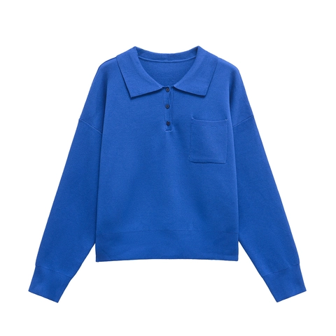 Suéter de Punto Holgado para Mujer Cuello Polo Manga Larga con Botones y Bolsillo Jersey Casual Color Sólido Suave