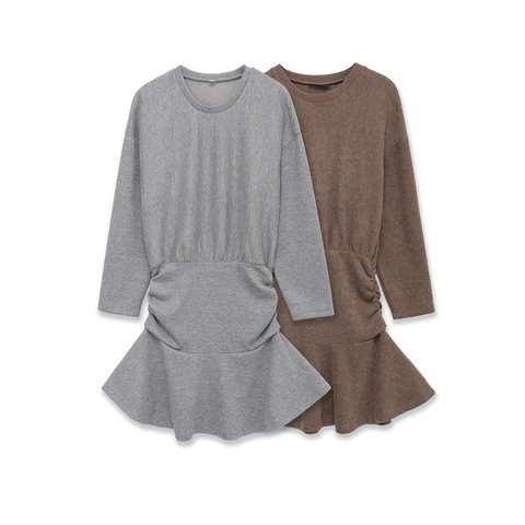 Vestido Mini de Punto Casual para Mujer Manga Larga Cuello Redondo Cintura Fruncida Dobladillo con Volantes Color Sólido