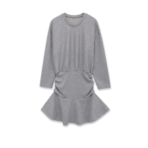 Vestido Mini de Punto Casual para Mujer Manga Larga Cuello Redondo Cintura Fruncida Dobladillo con Volantes Color Sólido