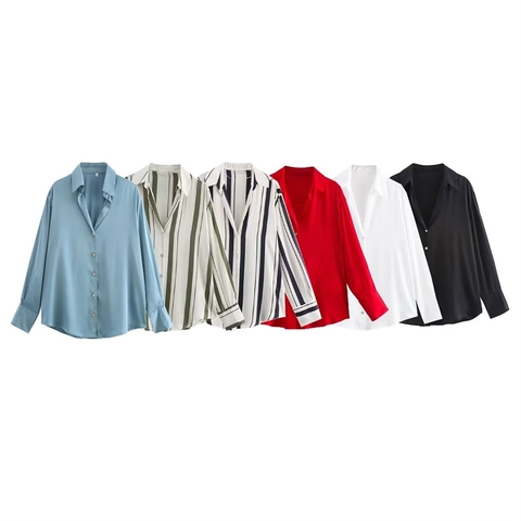 Women's Loose Satin Striped Button Down Shirt Long Sleeve Casual Lapel Blouse Office Lady Commuting Work Top