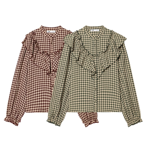 Dames Vintage Gingham Geruite Lange Mouw Blouse Gelaagde Ruches Mandarijn Kraag Elegant Button Up Overhemd Mode Top