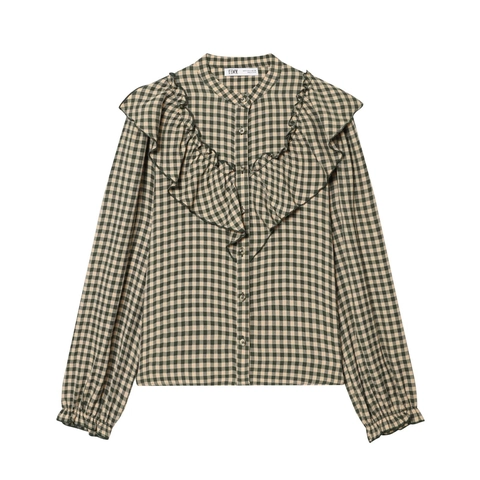 Dames Vintage Gingham Geruite Lange Mouw Blouse Gelaagde Ruches Mandarijn Kraag Elegant Button Up Overhemd Mode Top