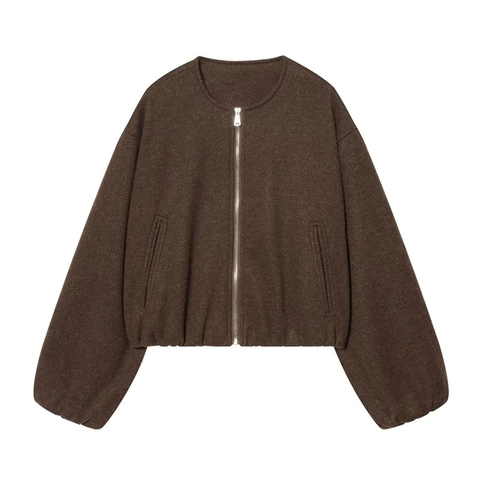 Dames Casual Effen Korte Jas met Rits Ronde Hals Lange Mouwen Bomberjack Warme Wolmix Jas Herfst Winter Outerwear