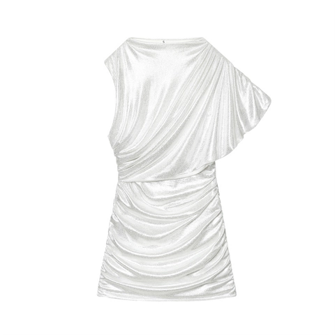 Abito da Donna Sexy Monospalla Metallizzato Mini Argento Arricciato Bodycon Senza Maniche Party Evening Clubwear Night Out Abito Corto
