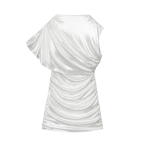 Abito da Donna Sexy Monospalla Metallizzato Mini Argento Arricciato Bodycon Senza Maniche Party Evening Clubwear Night Out Abito Corto