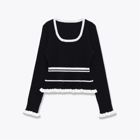 Top de Punto Acanalado de Mujer en Color de Contraste Cuello Cuadrado Jersey de Manga Larga Con Volantes Retro Blanco y Negro Pullover Casual
