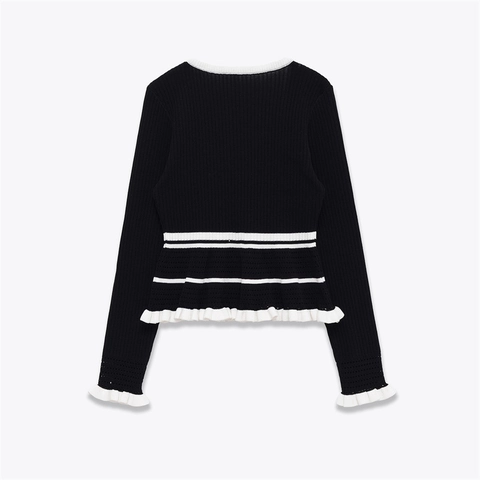 Top de Punto Acanalado de Mujer en Color de Contraste Cuello Cuadrado Jersey de Manga Larga Con Volantes Retro Blanco y Negro Pullover Casual