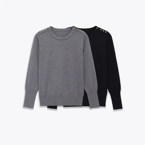 Suéter de Punto Casual para Mujer Cuello Redondo Manga Larga Botón Decorativo Hombro Puños Acanalados Pulóver Color Sólido