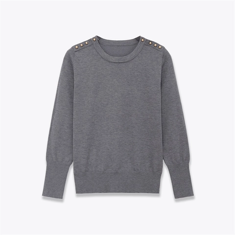 Suéter de Punto Casual para Mujer Cuello Redondo Manga Larga Botón Decorativo Hombro Puños Acanalados Pulóver Color Sólido