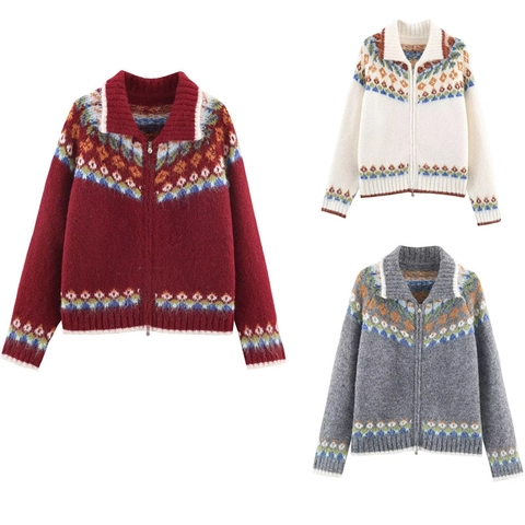 Cardigan da Donna con Cerniera Nordic Fair Isle Maglione in Maglia Jacquard Geometrico Vintage Retro Colorblock Top Casual a Manica Lunga