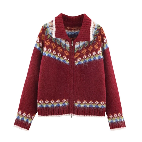 Cardigan da Donna con Cerniera Nordic Fair Isle Maglione in Maglia Jacquard Geometrico Vintage Retro Colorblock Top Casual a Manica Lunga