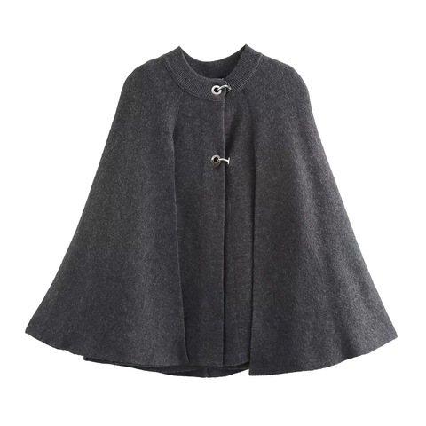 Poncho de Punto Casual para Mujer Chaqueta Cape Con Hebilla de Metal Color Sólido Cuello Redondo Media Longitud Ropa de Abrigo