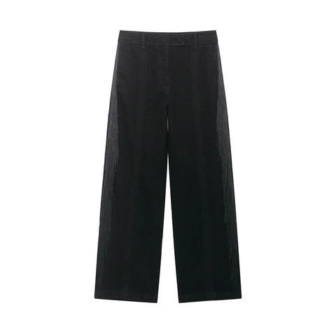 Pantalon Décontracté à Taille Haute et Jambes Larges pour Femmes Avec Frange Latérale Noir Couleur Unie Polyester
