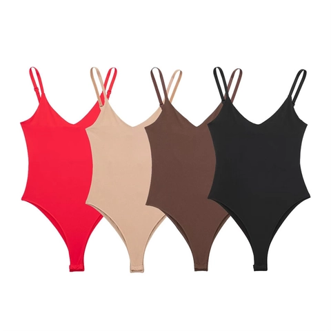 Women's Sexy V Neck Bodysuit Spaghetti Strap Solid Color High Cut Stretchy Slim Fit Basic Top Jumpsuit