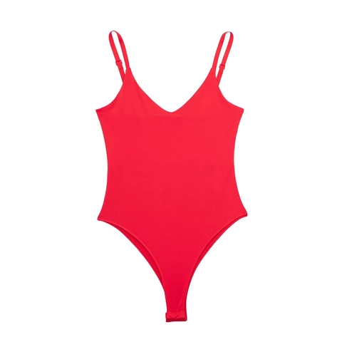 Women's Sexy V Neck Bodysuit Spaghetti Strap Solid Color High Cut Stretchy Slim Fit Basic Top Jumpsuit