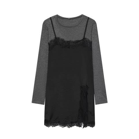 Abito da Donna Mini Finto Due Pezzi Manica Lunga Girocollo con Bordo in Pizzo a Strati Effetto Satinato Patchwork Casual Festa