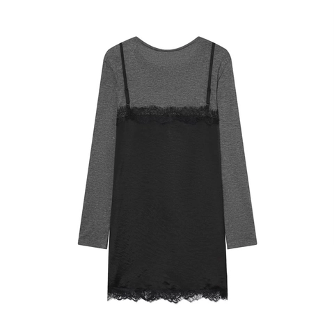Abito da Donna Mini Finto Due Pezzi Manica Lunga Girocollo con Bordo in Pizzo a Strati Effetto Satinato Patchwork Casual Festa