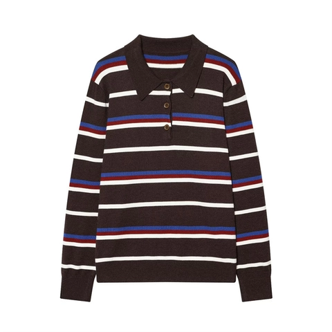 Damen Casual Gestreift Polo Kragen Langarm Strickpullover Vintage V-Ausschnitt Knopf Farbblock Top Herbst Winter